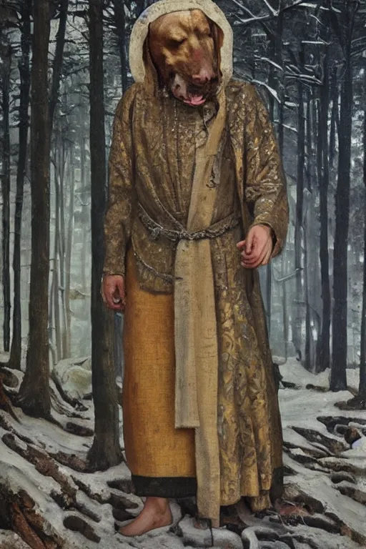 Prompt: slavic dog head man, woolen torso in medieval clothes, walking in the forest, orthodox saint christopher, oil painting, painting by viktor vasnetsov, concept art, hyperrealism, beautiful, high resolution, trending on artstation, by annie swynnerton and nicholas roerich, embroidered robes, starry tattoos, elaborate costume,