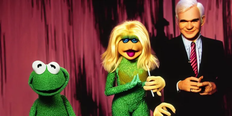 Image similar to Photoreal Cinematography of a photorealistic muppet version of Debbie Harry hosting The Muppet show, standing with with Steve Martin with a photo accurate photorealistic face