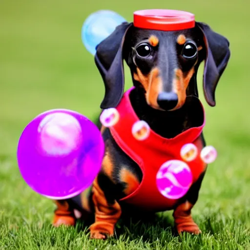 Image similar to photo a dachshund wearing a hot dog outfit, blowing soap bubbles, doing tricks, award winning