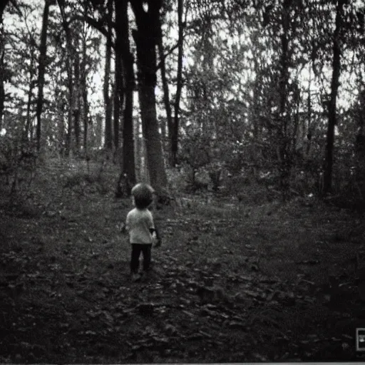 Image similar to kid looking at camera in forest at night, far away from camera, 70s photo, out of focus, motion blur, cctv footage