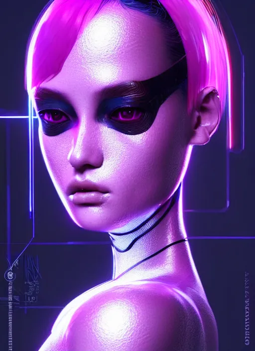 Image similar to photorealistic portrait of oriental female humanoid, cyber neon lights, highly detailed, cyberpunk high fashion, elegant, crispy quality, trending in artstation, trending in pinterest, glamor pose, no signature, no watermark, cinematic, art by pascal blanche