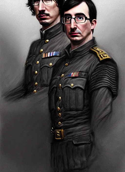 Image similar to a portrait of john oliver standing next to adam driver, stoic, military uniform, fantasy, intricate, beautiful, highly detailed, charcoal, centered, dark, smokey, digital painting, concept art, smooth, sharp focus, illustration, art by artgerm and greg rutkowski