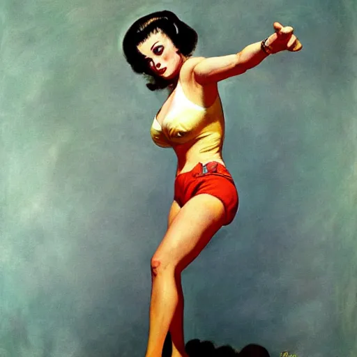 Prompt: epic wide angle full body portrait of Betty Paige, by frank Frazetta