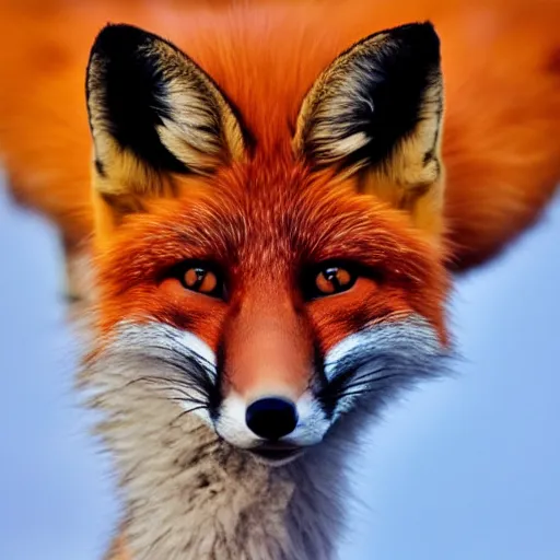 Prompt: woman - fox hybrid, fox ears and fox facial features, furry face, close - up, headshot, detailed, symmetric