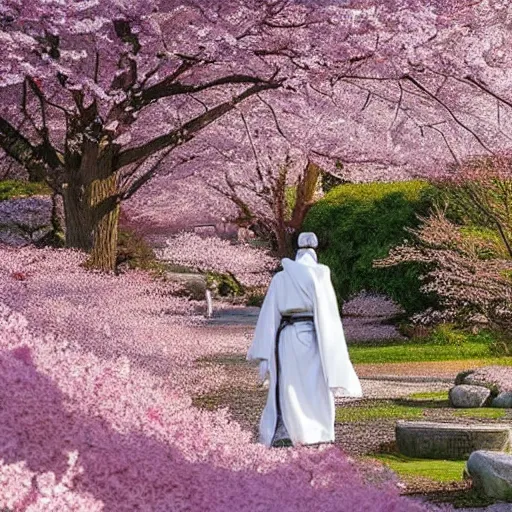 Image similar to a beautiful White cloaked Samurai Warrior with Sword Drawn in a garden of Cherry Blossom Trees :: Mystical, Magical, Supernatural :: by Mitsuru Adachi