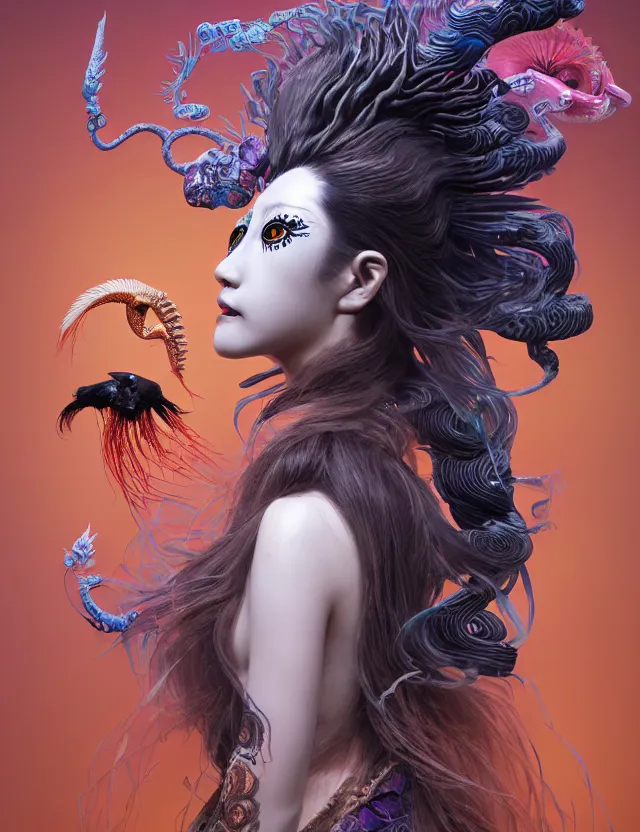 Image similar to 3 d goddess half - turn portrait with long hair with ram skull. beautiful intricately detailed japanese crow kitsune mask and clasical japanese kimono. betta fish, jellyfish phoenix, bio luminescent, plasma, ice, water, wind, creature, artwork by tooth wu and wlop and beeple and greg rutkowski