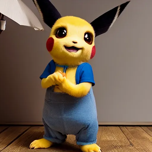 Image similar to model cute detective pikachu sneezing at a model photoshoot studio lighting by annie leibovitz