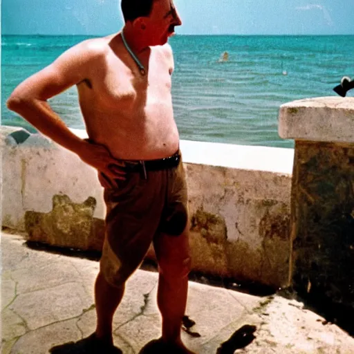 Image similar to adolf hitler enjoying the summer in cuba, photo made by Slim Aarons, award winning,