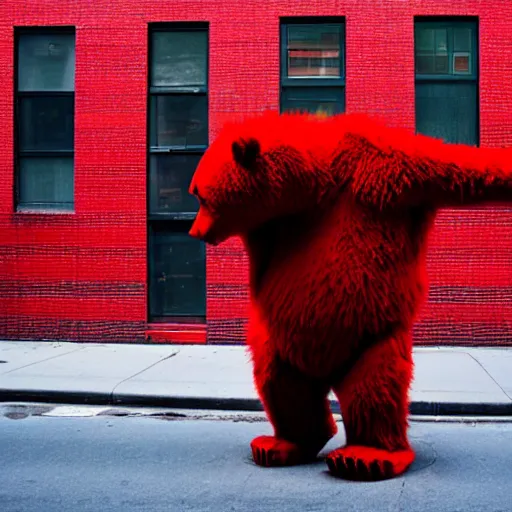 Prompt: large red bear on a street in new york city in the style of yves tanguy
