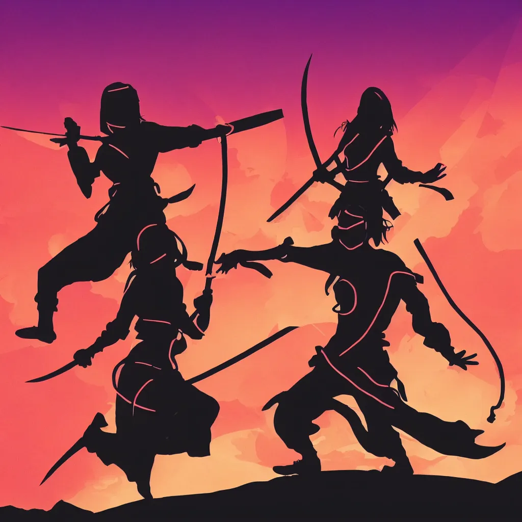 Image similar to woman ninja alone, silhouette with a katana, neon road, retrowave sunset, movie poster