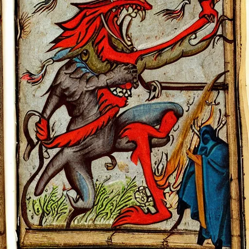 Image similar to medieval bestiary of repressed emotion monsters and creatures starting a fiery revolution in the psyche