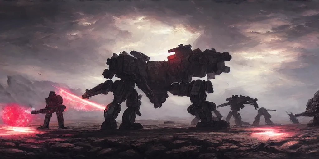 Image similar to an armored core on the ground, booster flares, legs, laser rifles, karst landscape, clouds, daylight ; detailed illustrations, pastel tones, deep colors, clear lines, by jordan grimme, greg rutkowski