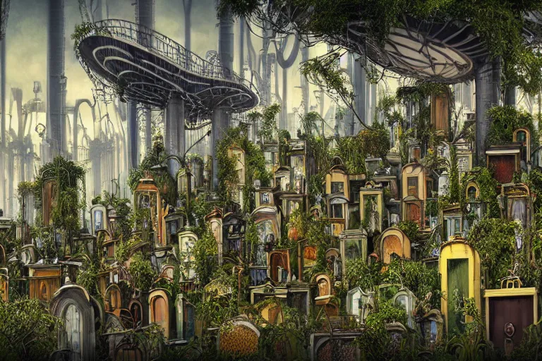 Image similar to elegance futuristic foliage overgrowing favela graveyard honeybee hive, art nouveau environment, industrial factory, award winning art, epic dreamlike fantasy landscape, ultra realistic,