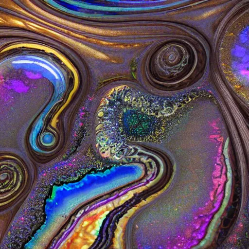 Image similar to Art Nouveau cresting oil slick waves, hyperdetailed bubbles in a shiny iridescent oil slick wave, ammolite, druzy, detailed giant opalized ammonite shell, black opal, abalone, paua shell, ornate copper patina medieval ornament, rococo, organic rippling spirals, octane render, 8k 3D, druzy geode, cresting waves and seafoam