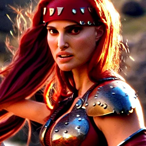 Image similar to natalie portman as red sonja, fight scene