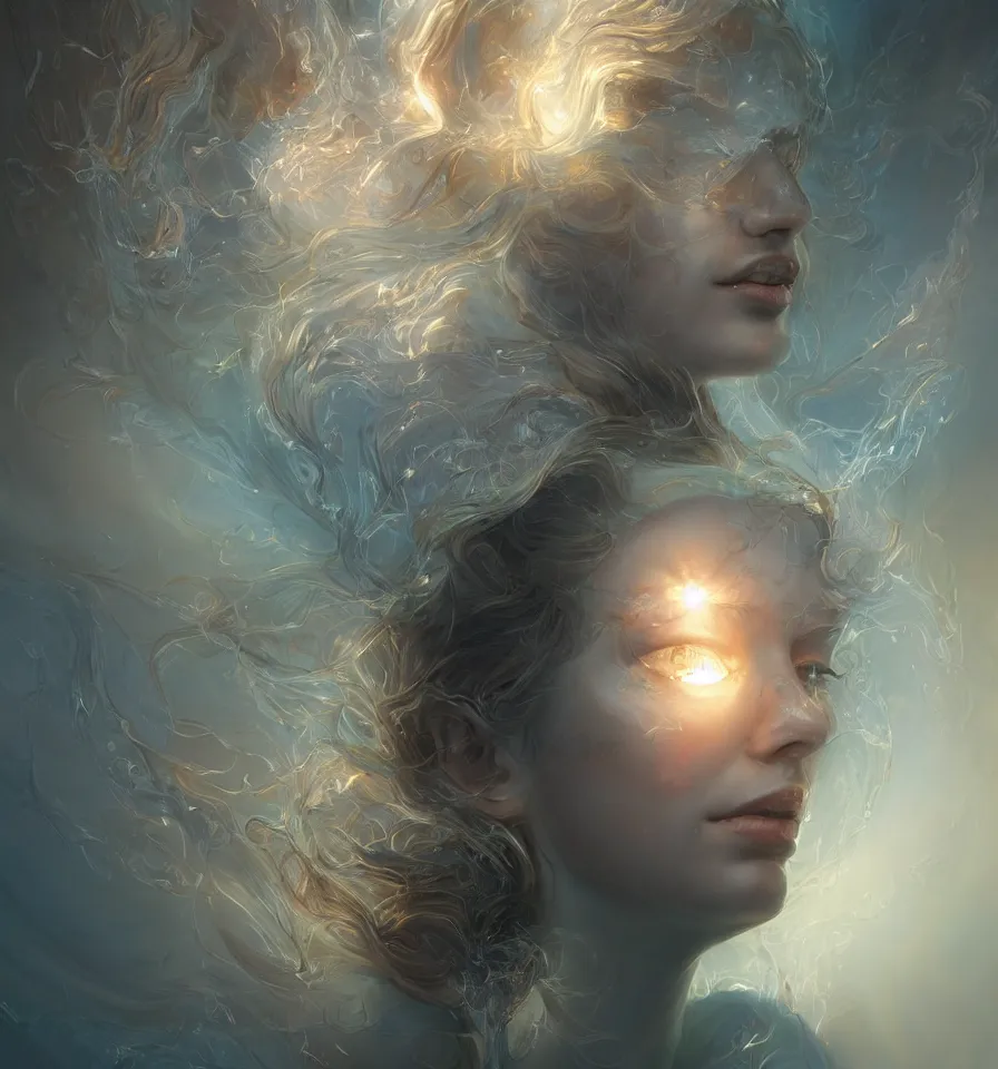 Prompt: a frontal face portrait of transparent and beautiful elegant entity dissolving in to light, refractive light, caustics, backlit, incredible lighting, strong rim light, highly detailed, god rays, digital painting, HDRI, by Alvaro Castagnet, Peter Mohrbacher and Dan Mumford, vivid colors, high contrast, 8k resolution, intricate, photorealistic, smooth