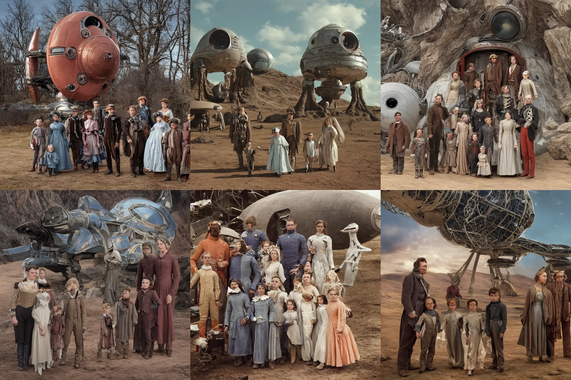 Prompt: highly detailed, 512777216k film still from a sci fi blockbuster color movie made in 2019, set in 1860, of a family standing in front of a spaceship that has just landed on an alien planet, a humanoid alien creature stands nearby, the family are all wearing 1860s era clothes, in focus, good lighting, good photography, ultra high definition