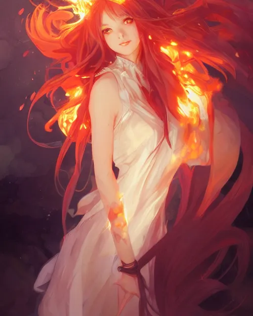 Image similar to beautiful long haired anime girl, fire dress, portrait, flames everywhere, highly detailed, digital painting, artstation, concept art, smooth, sharp focus, illustration, art by artgerm and greg rutkowski and alphonse mucha