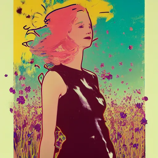 Prompt: a beautiful painting of a girl in a field of flowers by andy warhol and conrad roset! and alphonse mucha and nekro!. in style of oil on canvas. colorful comic, film noirs, symmetry, sharp lines, hyper detailed. octane render. trending on artstation