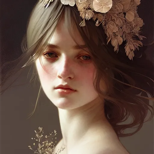 Image similar to A portrait of a girl surrounded by delicate feathers, face, intricate, elegant, highly detailed, digital painting, artstation, concept art, smooth, sharp focus, illustration, art by Krenz Cushart and Artem Demura and alphonse mucha