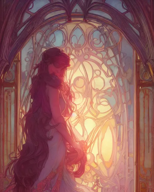 Image similar to secret romance, highly detailed,, gold filigree, romantic storybook fantasy, soft cinematic lighting, award, disney concept art watercolor illustration by mandy jurgens and alphonse mucha and alena aenami, pastel color palette, featured on artstation