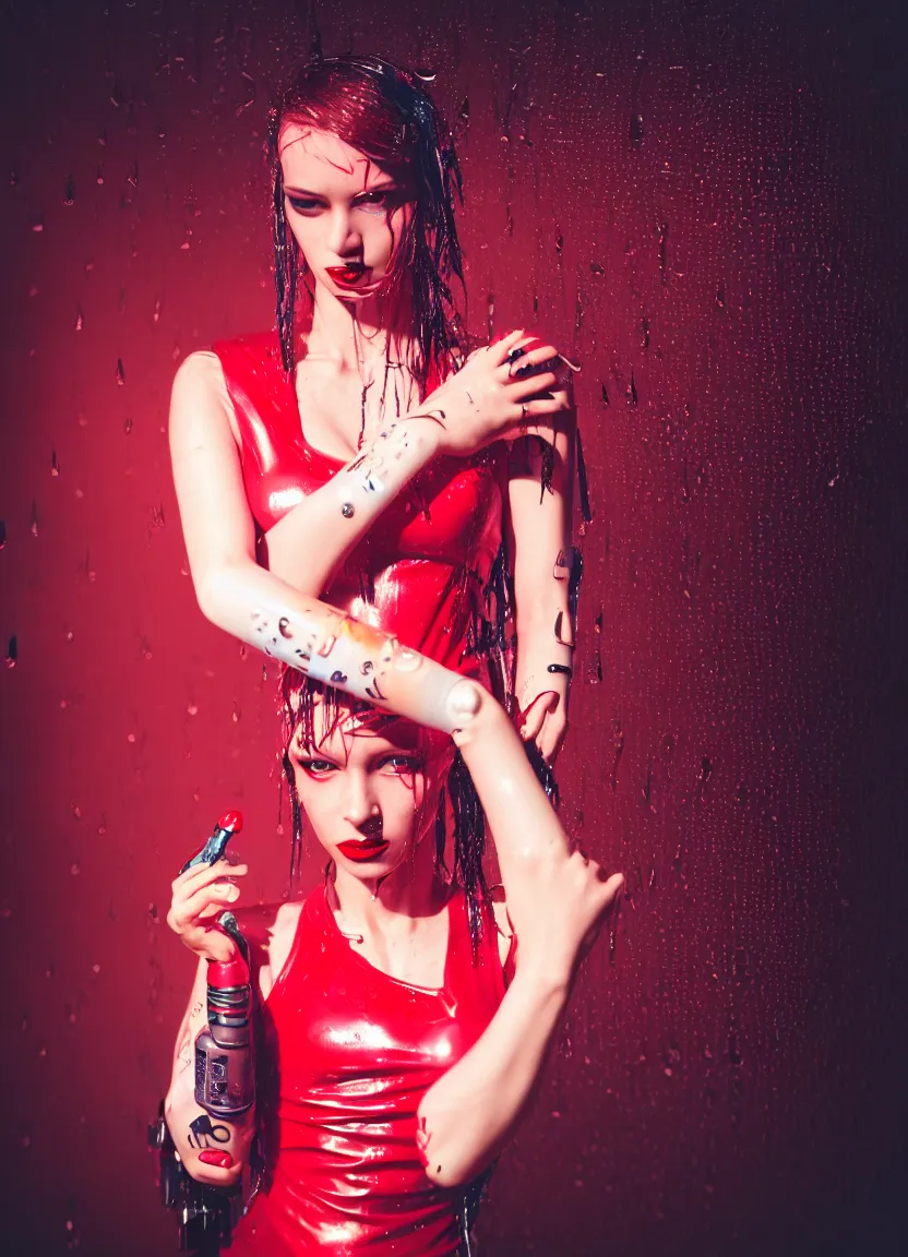 Image similar to woman, android, cyberpunk, artificial limbs, tattoos, neon light, hard light, glamour, vogue photoshoot, fashion, long dress, red dress, raindrops, rain, wet, make - up, leaky make - up, red lipstick