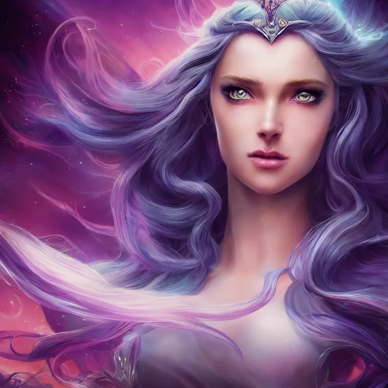 Image similar to beautiful cinematic fantasy poster, a beautiful princess like a disney princess hybrid with flowing illuminated hair, beautiful glowing galaxy eyes, wideshot ultrawide angle epic scale, hybrid from The Elden Ring and art direction by Darius Zawadzki ;by artgerm; wayne reynolds art station; cinematic quality character render; low angle; ultra high quality model; production quality cinema model;