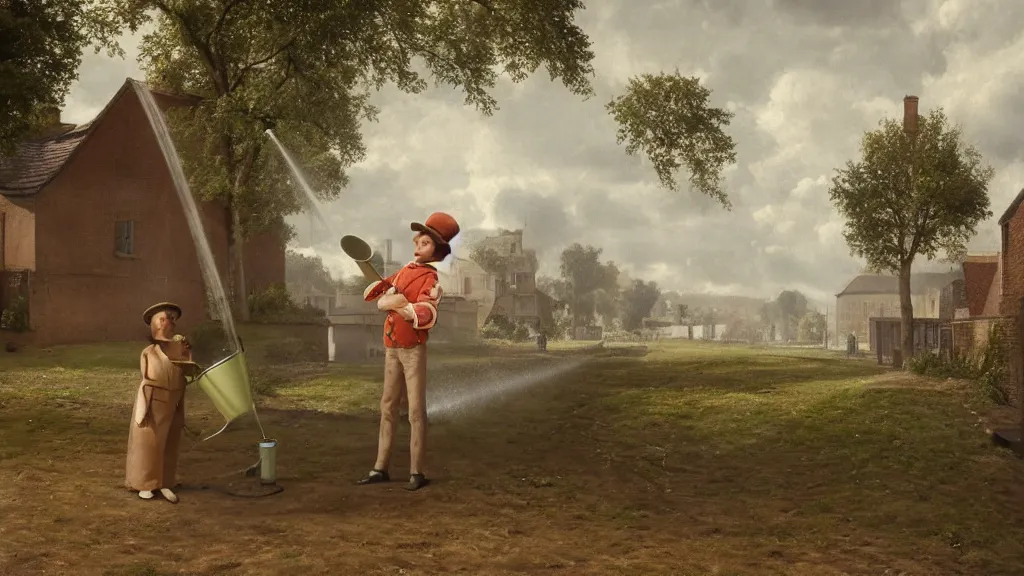 Image similar to Gulliver using a watering can to drop rain in the Lilliputian town of London, nineteenth century, photorealistic, f16, rendered in octane