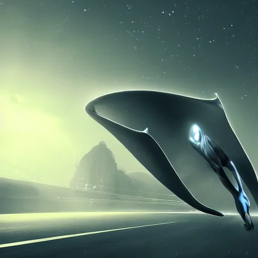 Image similar to old camera footage of a hyperintelligent otherworldly manta ray alien from beyond the stars landing in the middle of a busy road, wearing an odd hooded cowl, with skin that twinkles like the stars, cgi, proper anatomy, sci fi fantasy, photorealistic, pixar, trending on artstation