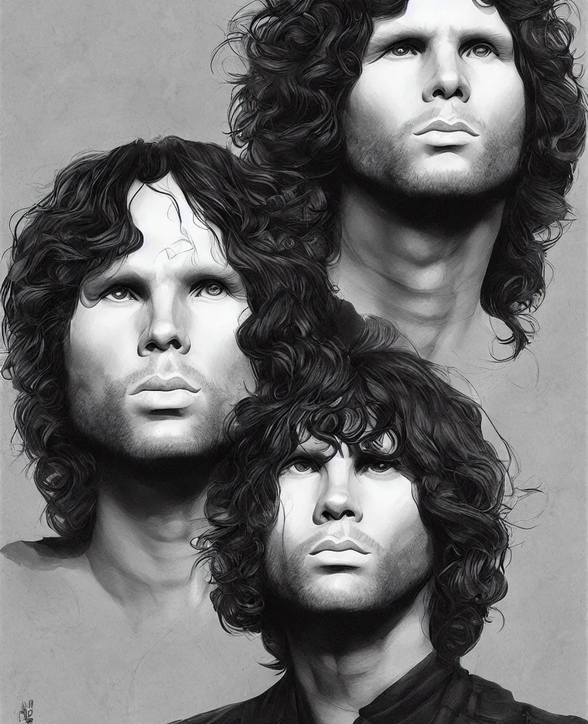 Image similar to portrait of jim morrison by yukito kishiro, depth perception, hyper detailled, trending on artstation