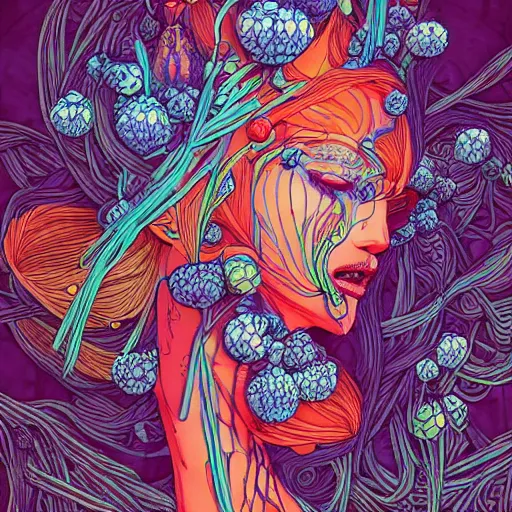 Image similar to a beautiful woman made up of carrots and blueberries, an ultrafine detailed illustration by james jean, intricate linework, bright colors, final fantasy, behance contest winner, vanitas, angular, altermodern, unreal engine 5 highly rendered, global illumination, radiant light, detailed and intricate environment