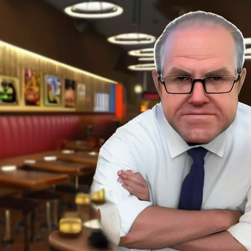 Image similar to 3 d render of scott morrison at a mcdonald's restaurant