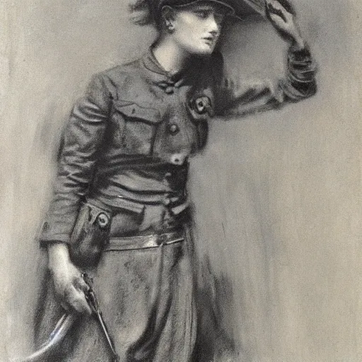 Image similar to ww 1 action heroine by alfred stevens in charcoal