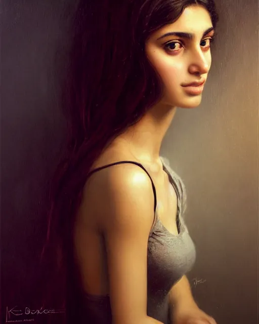 Image similar to a highly realistic, true to life portrait of a beautiful young middle eastern girl, soft focus, from the waist up, with sharp features, a beautiful face, soft smile, under studio lighting, taken with a canon eos camera with 1 3 5 mm focal length, art by karol bak, james jean, tom bagshaw, trending on artstation,