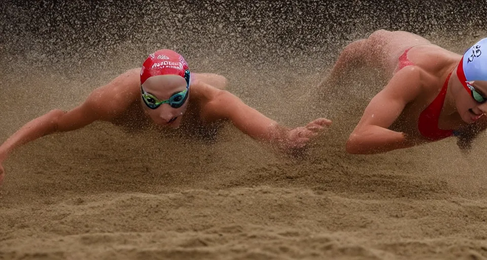 Image similar to olympic swimming in sand instead of water, extremely coherent, motion blur