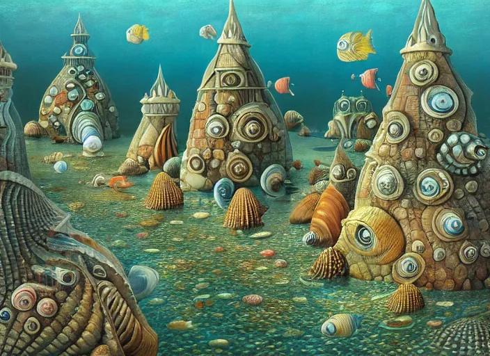 Image similar to underwater city with fish citizens inside!! the seashell, small scandinavian!!! houses, little people!!!, by jacek yerka by levitan, surrealistic painting, masterpiece, oil painting, sharp focus, highly detailed, intricate, smooth, 8 k,