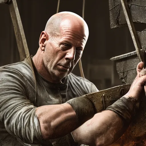 Image similar to Bruce Willis as blacksmith, wet face , heavy rain ,dramatic, intricate, highly detailed, concept art, smooth, sharp focus, illustration, Unreal Engine 5, 8K