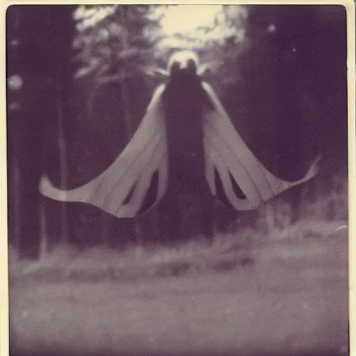 Image similar to real Polaroid picture of mothman with glowing eyes, realistic, picture taken in 1980, dark, scary atmosphere