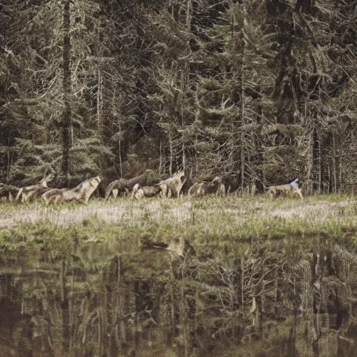 Prompt: a pack of wolves in the distance of a forest