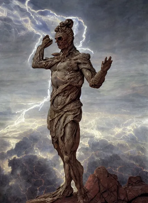 Image similar to ancient biblical statue of a diabolical marble cyborg, wearing torn white cape, dynamic pose, thunder, glowing eyes, post apocalyptic ancient ruins, glowing veins subsurface scattering, in clouds, sunset, portrait, by gerald brom, by mikhail vrubel, by peter elson, muted colors, extreme detail, trending on artstation, 8 k