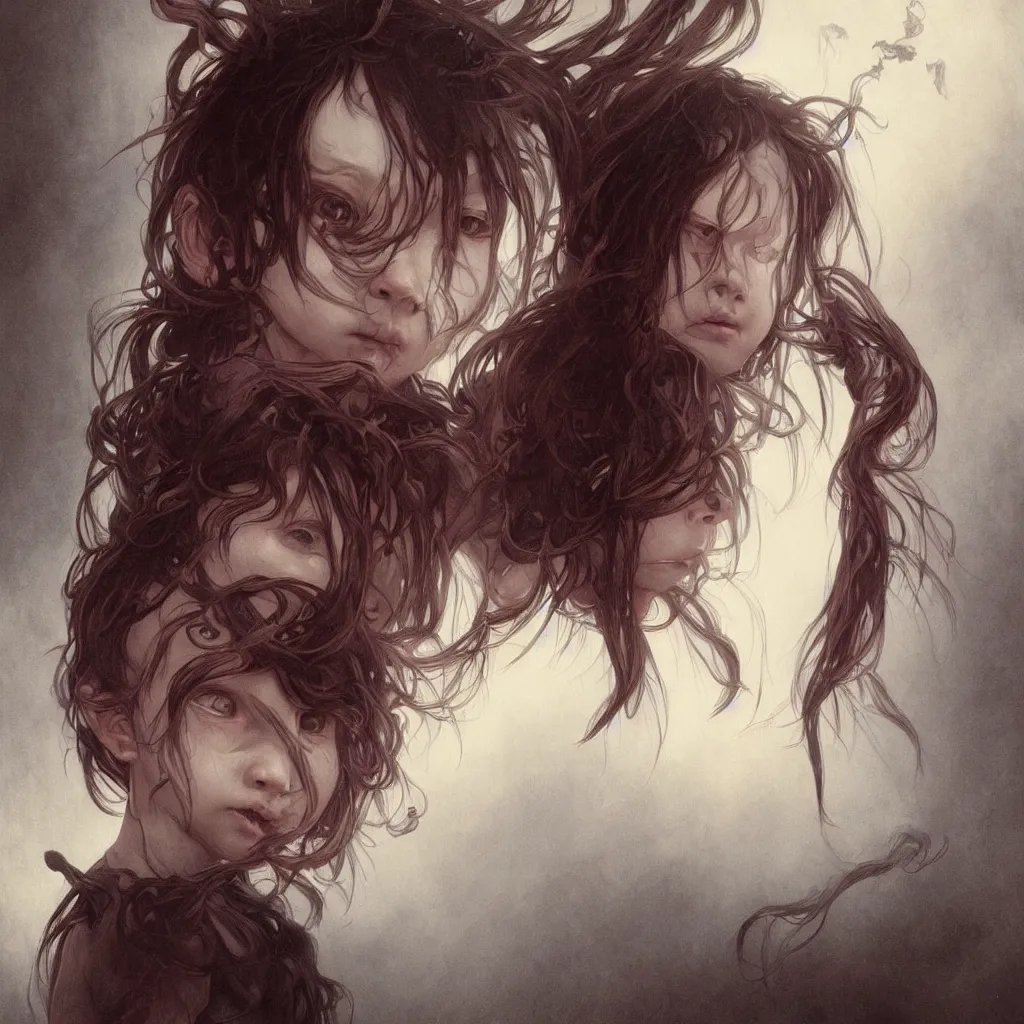 Image similar to a portrait of a child demon with dark hair!! by ross tran!!! and alphonse mucha and greg rutkowski! and gustav dore! and zdzisław beksinski!, in style of digital art illustration. symmetry. highly detailed face. fantasy, smooth, hyper detailed, sharp focus, soft light. trending on artstation.