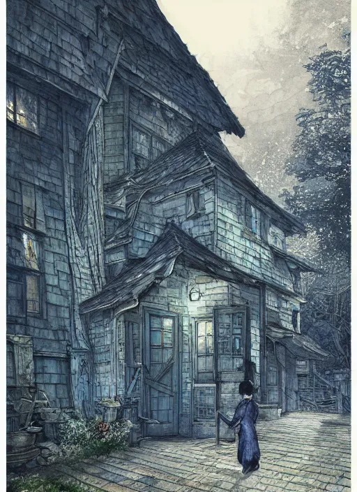 Image similar to portrait, The Haint Blue Cottage, watercolor, dramatic lighting, cinematic, establishing shot, extremely high detail, foto realistic, cinematic lighting, pen and ink, intricate line drawings, by Yoshitaka Amano, Ruan Jia, Kentaro Miura, Artgerm, post processed, concept art, artstation, matte painting, style by eddie mendoza, raphael lacoste, alex ross