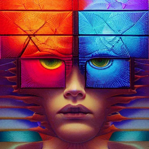 Prompt: hypercomplex image of floating head made out of reflective blocks and some blocks are broken and falling by alex grey, lisa frank, ayami, kojima, amano, karol bak, greg hildebrandt, mark brooks, beksinski, takato yamamoto