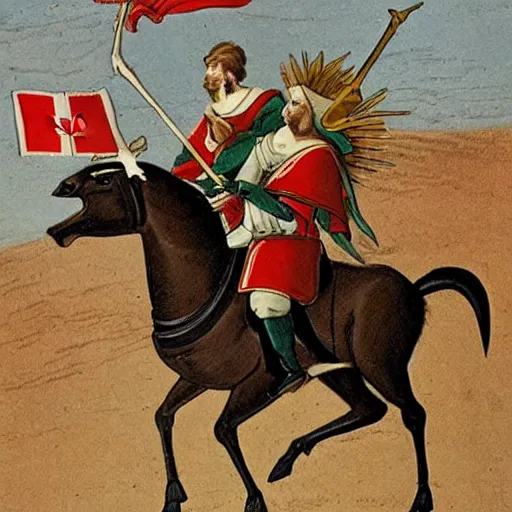 Prompt: crusader riding a horse sized canadian goose into battle