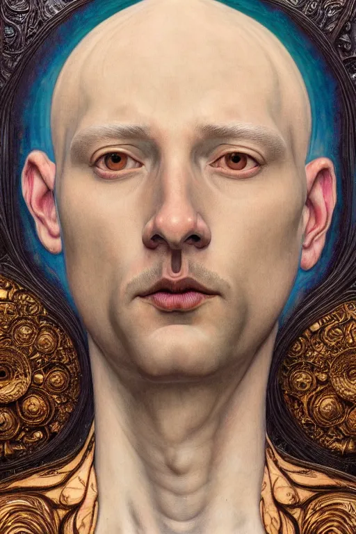 Prompt: face centered portrait, artwork by james jean, hyperdetailed realistic smooth polished porcelain, a bald male human being in a white lab coat, jean delville, art nouveau, gustav klimt, ornate copper patina gothic icon, james jean, ultrasharp hyperdetailed photorealistic octane render