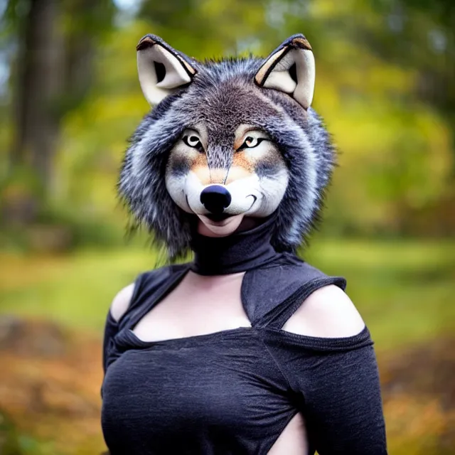 Prompt: a woman wearing a fursuit of a wolf fursona, fursona, photograph, furry fandom