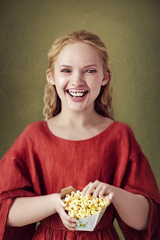 Image similar to portrait ancient of a happy girl, lots of flowers and popcorn around, hyperrealistic, medieval style