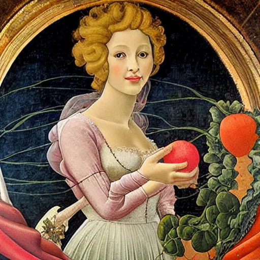 Image similar to the birth of dolly parton by botticelli, but she is holding radishes