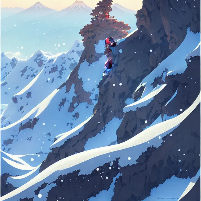 Prompt: japanese mountains, winter, in the style of studio ghibli, j. c. leyendecker, greg rutkowski, artem