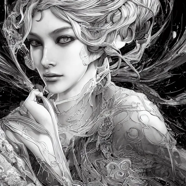 Prompt: the portrait of the concept of darkness personified as an absurdly beautiful, graceful, elegant, sophisticated, young woman made, an ultrafine hyperdetailed illustration by kim jung gi, irakli nadar, intricate linework, bright colors, octopath traveler, final fantasy, unreal engine 5 highly rendered, global illumination, radiant light, detailed and intricate environment